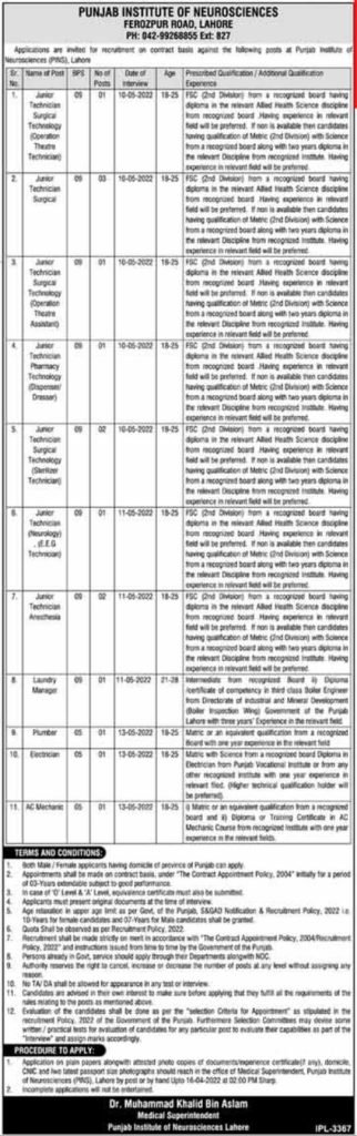 Punjab Institute of Neurosciences Junior Technician Jobs 2022