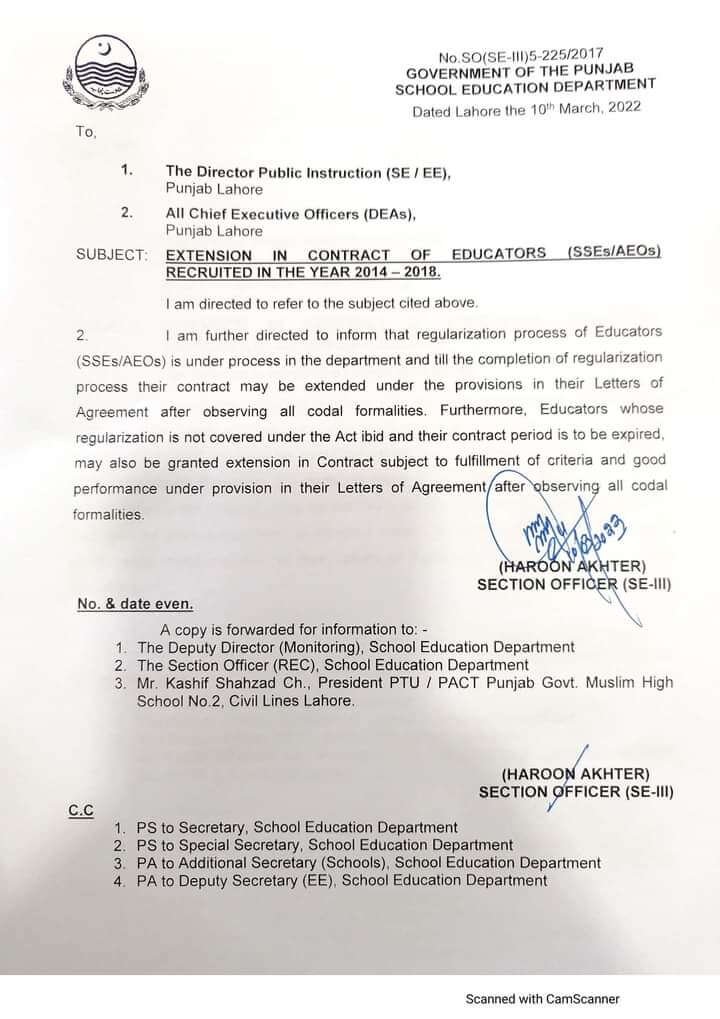 SED Punjab Announced to Extend the Educators Contract