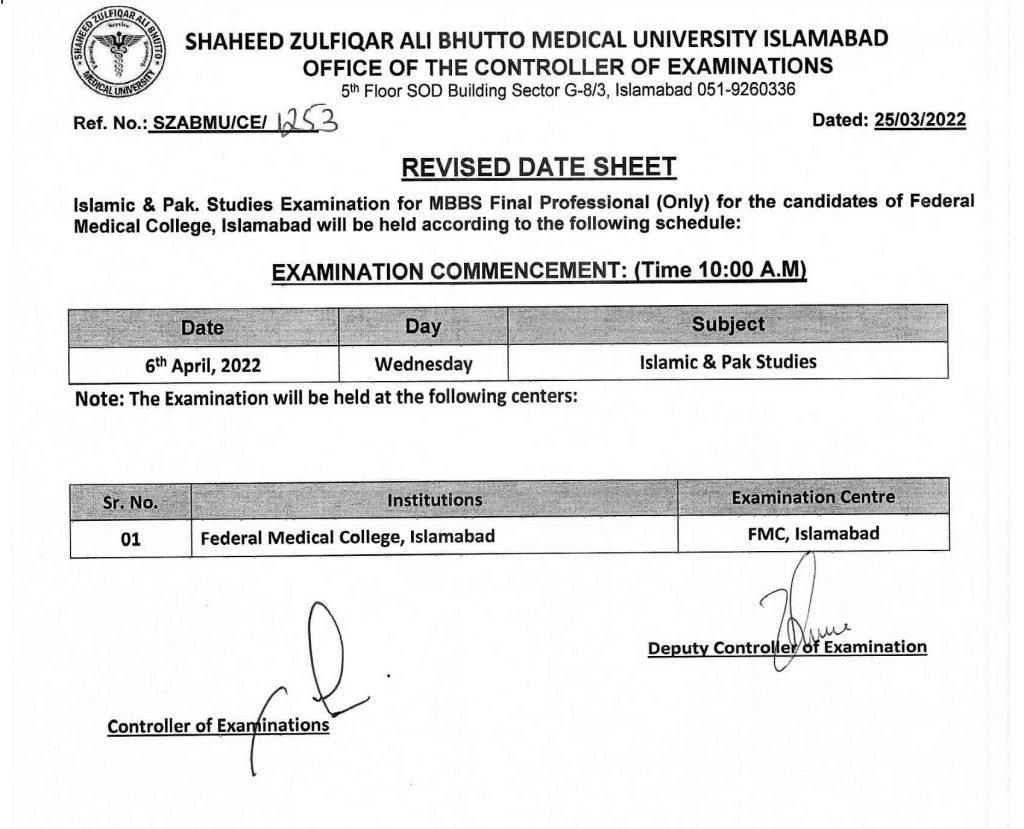 SZABMU Revised Date Sheet 2022 for MBBS Final Professional Exams
