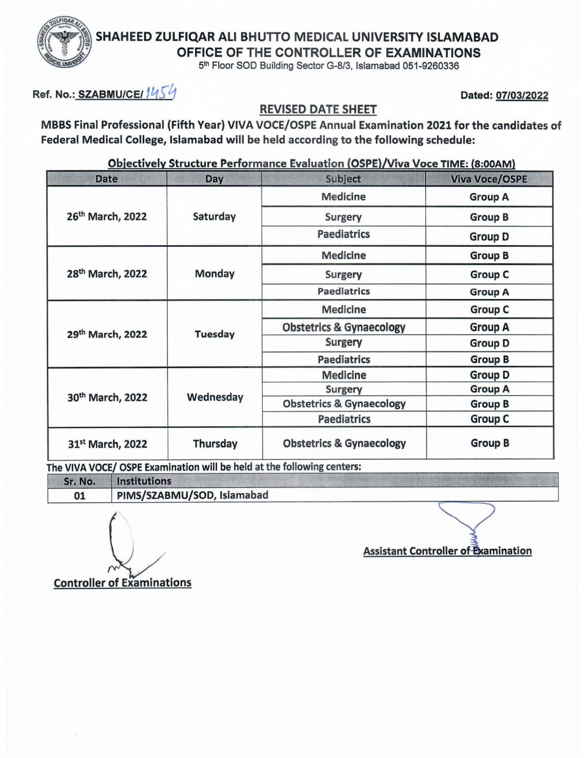 SZABMU Revised Date Sheet for MBBS 5th year Viva Voce/OSPE