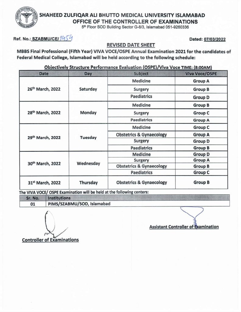 SZABMU Revised Date Sheet for MBBS 5th year Viva Voce/OSPE