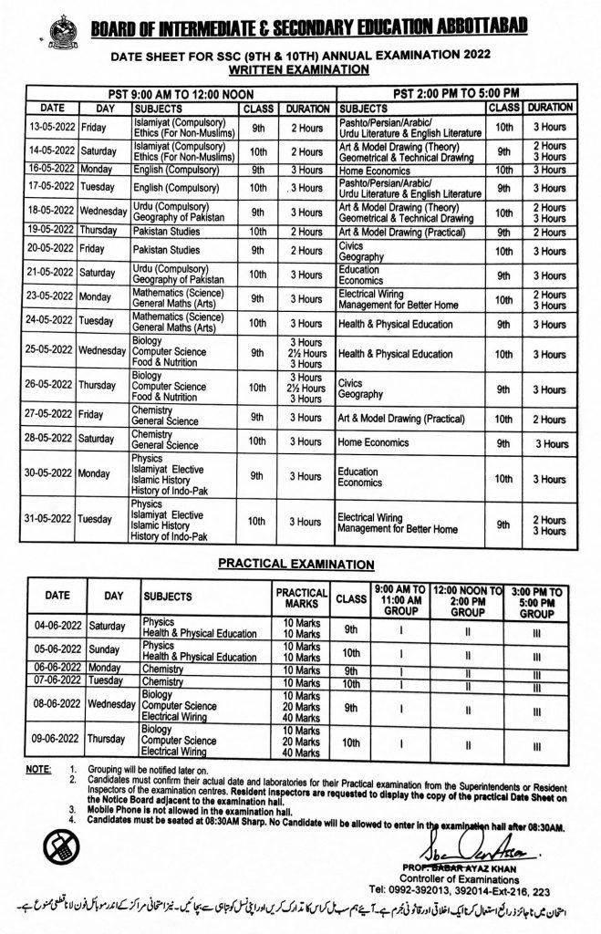 BISE Abbottabad Board SSC 9th and 10th Class Annual Examination Date sheet 2022