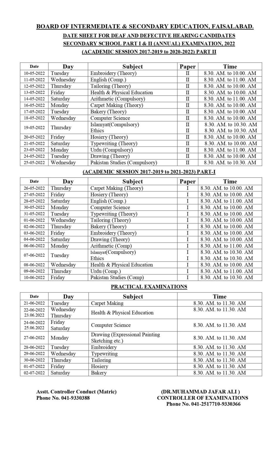 BISE Faisalabad SSC Practical Exams Date Sheet 2022 for Hearing Impaired Students BISE Faisalabad SSC Practical Exams Date Sheet 2022 for Hearing Impaired Students