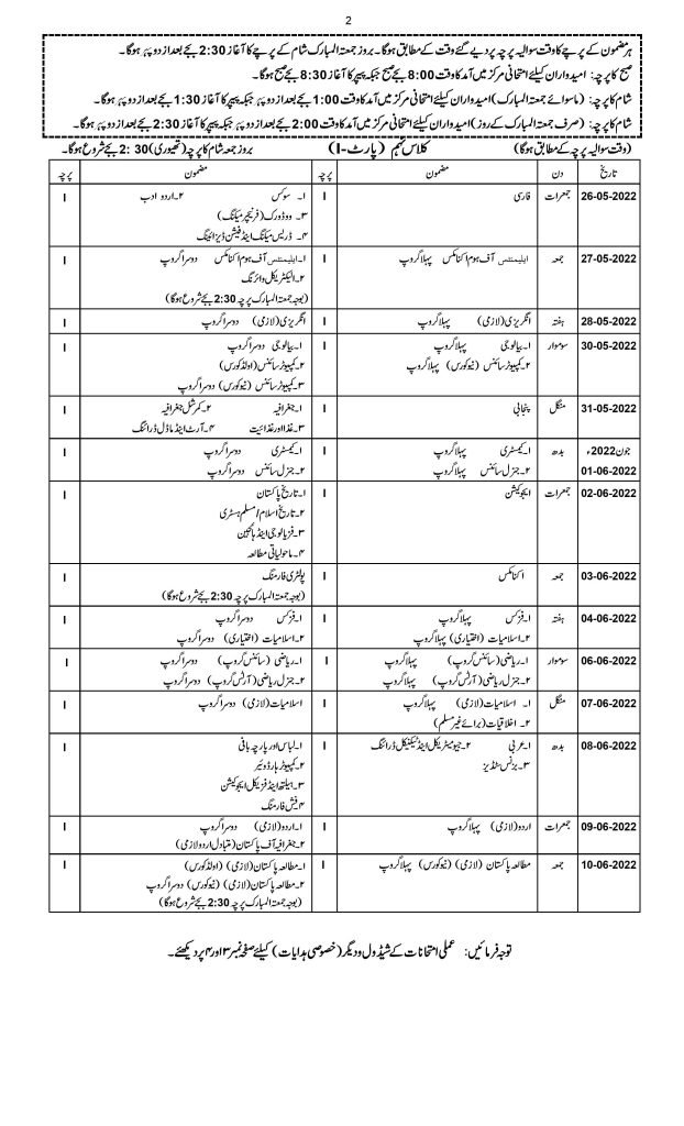 BISE Gujranwala SSC 9th Class Date Sheet 2022