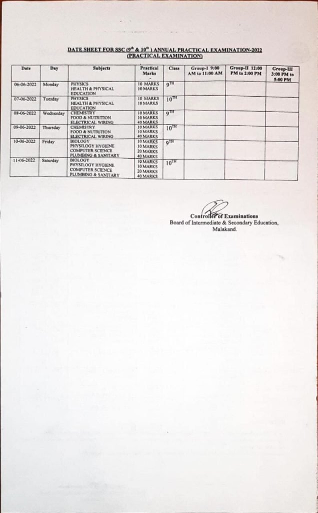 BISE Malakand SSC 9th & 10th Class Practical Exams Date Sheet 2022