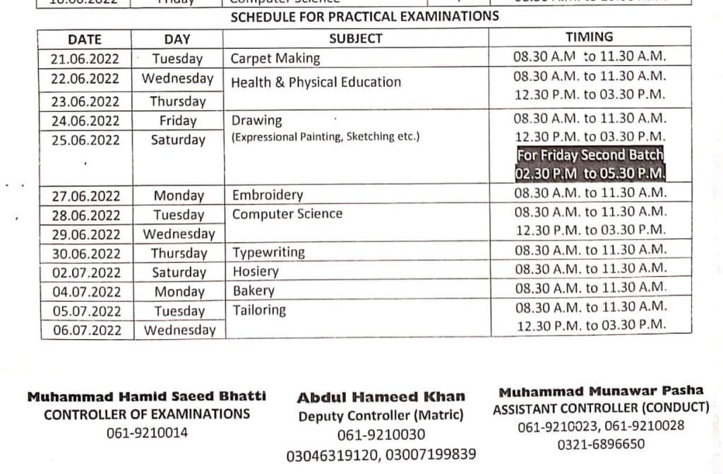 BISE Multan SSC Practical Exams Date Sheet 2022 for Hearing Impaired Students