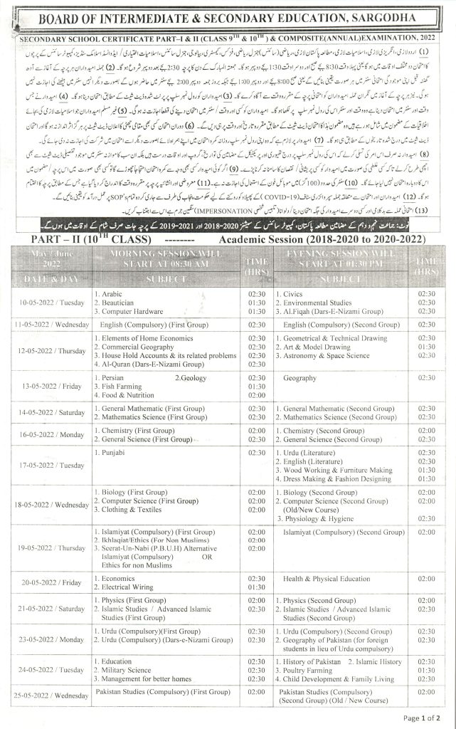 BISE Sargodha Board SSC 10th Class Date Sheet 2022