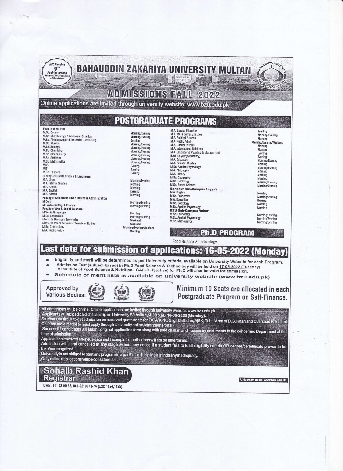 BZU Multan Postgraduate Program Fall 2022 Admissions