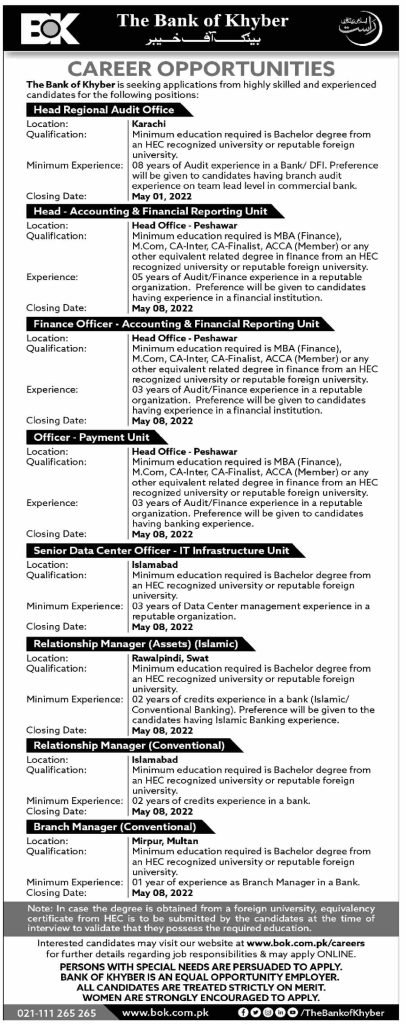 Bank of Khyber BOK Latest April Jobs 2022
