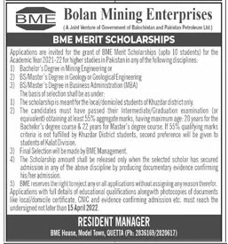 Bolan Mining Enterprise Scholarship Program 2022 | Apply Now Bolan Mining Enterprise Scholarship Program 2022 | Apply Now