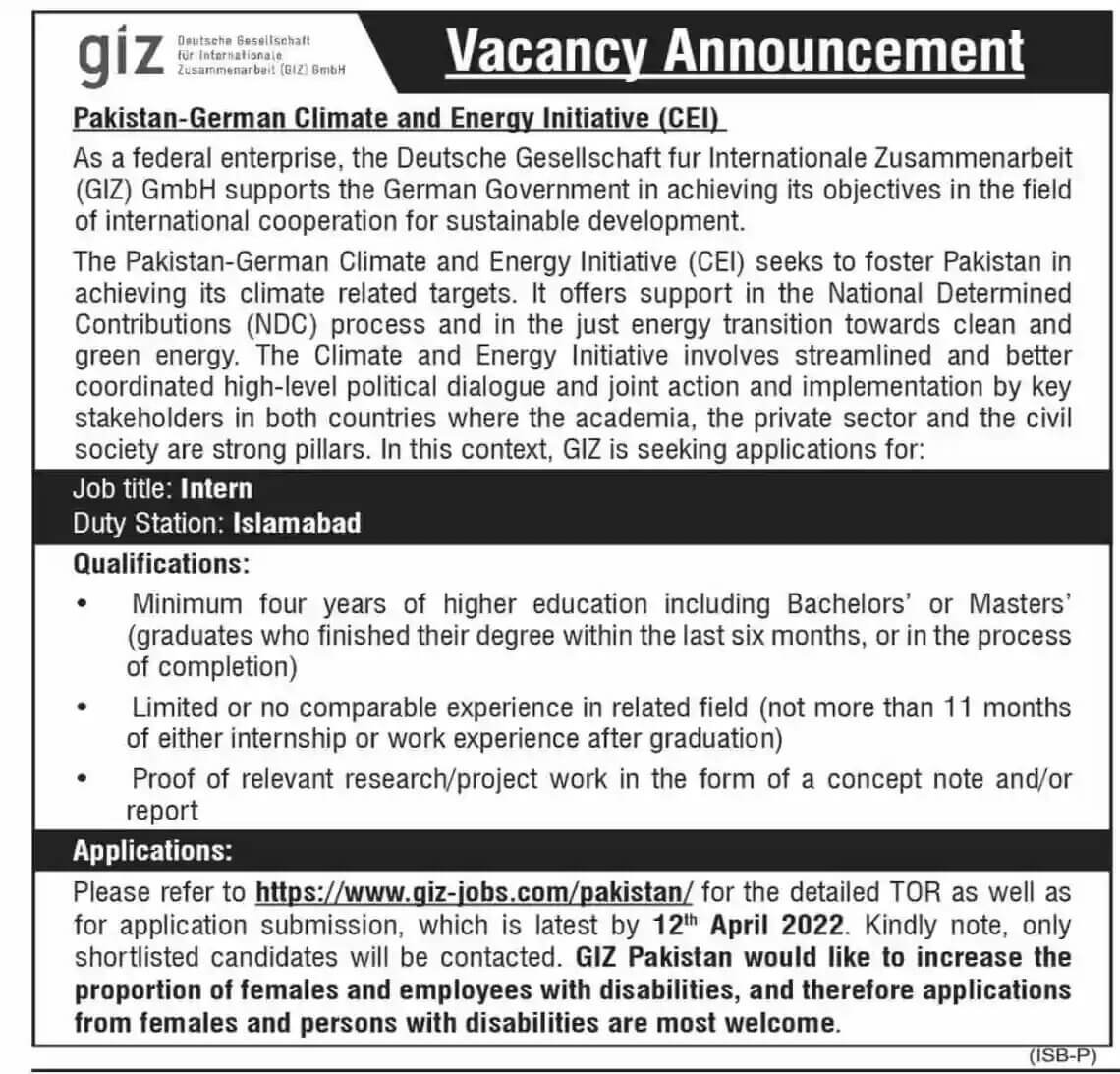 GIZ Pakistan Internship 2022 for Bachelors/Masters Students