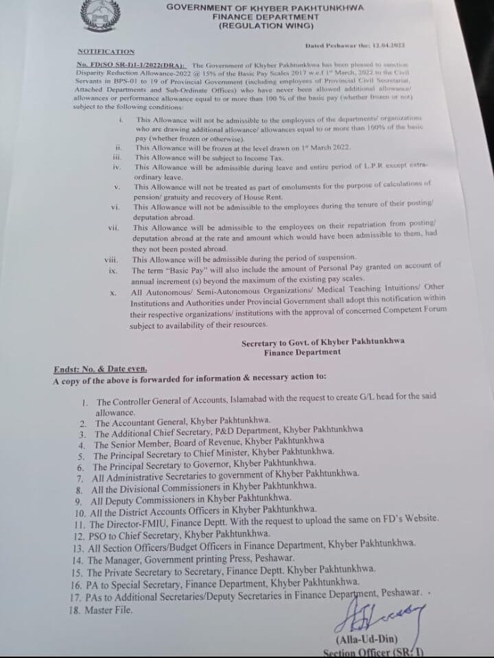 KPK Govt Announced 15% DRA 2022 for Civil Employees (BPS 01-19)