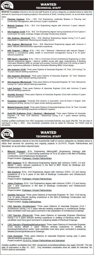 NESPAK Foundation Latest Jobs 2022 for Technical Staff