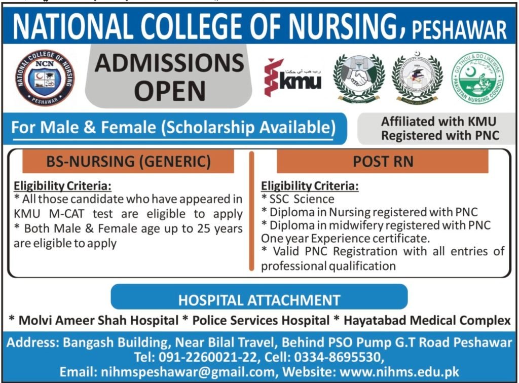 National College Of Nursing Peshawar Admissions Open 2022
