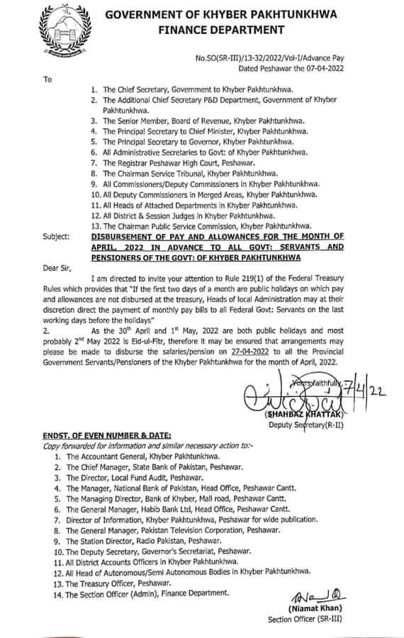 Notification of Advance Salary for the Month of April 2022 KPK