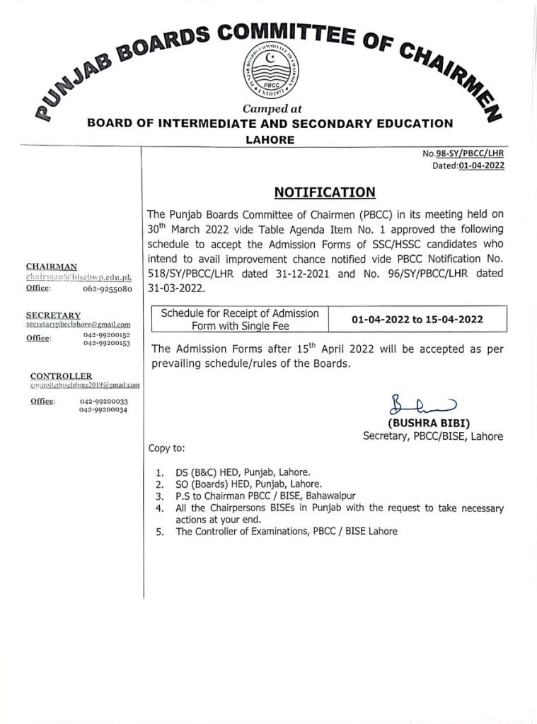PBCC Schedule for Submission of SSC & HSSC Annual Exam 2022 Admission Form