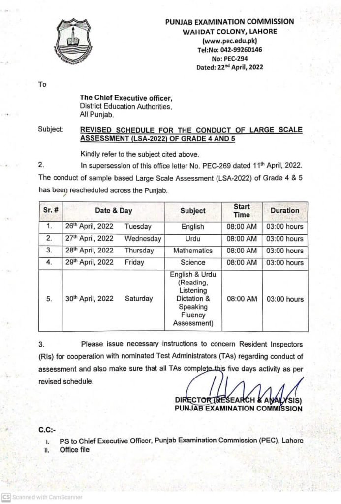 PEC Punjab Issued Revised Date Sheet of LSA 2022 Test for Grade 4 & 8 PEC Punjab Issued Revised Date Sheet of LSA 2022 Test for Grade 4 & 8