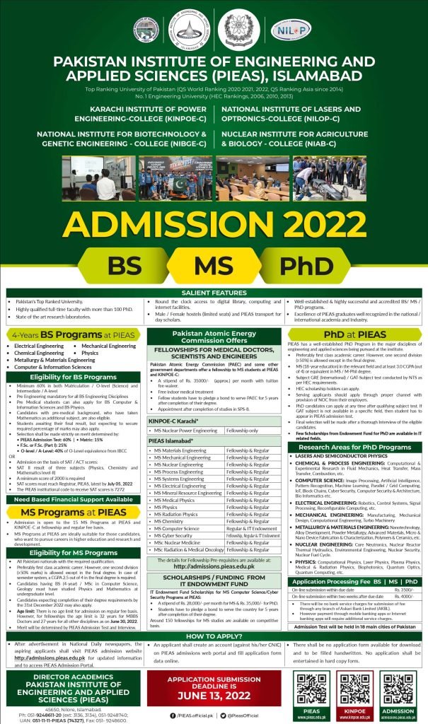 PIEAS Islamabad BS/MS/Ph.D Admissions and MS Fellowship 2022