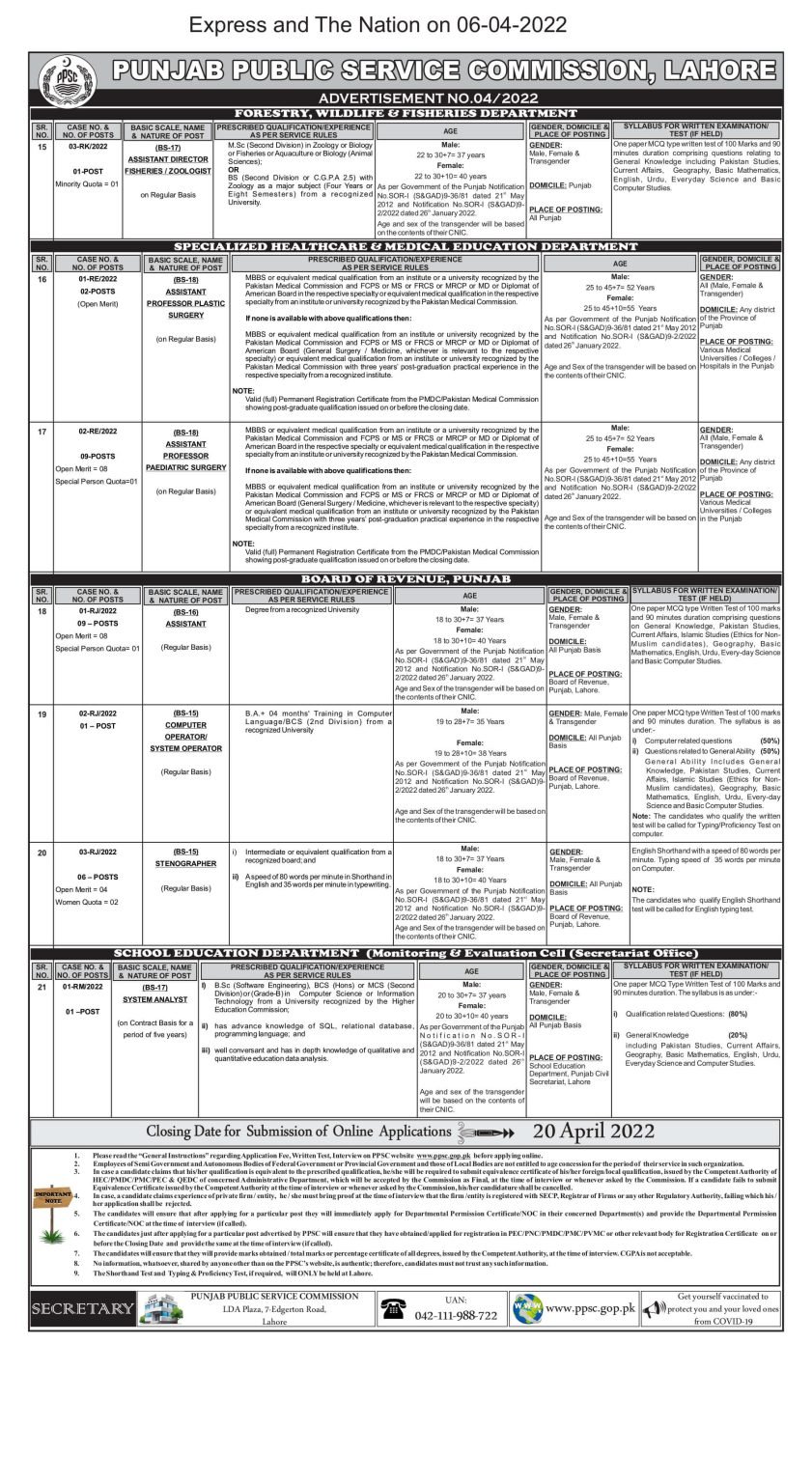 PPSC Advertisement No 04/2022 Latest Jobs 2022 PPSC Advertisement No 04/2022 Latest Jobs 2022