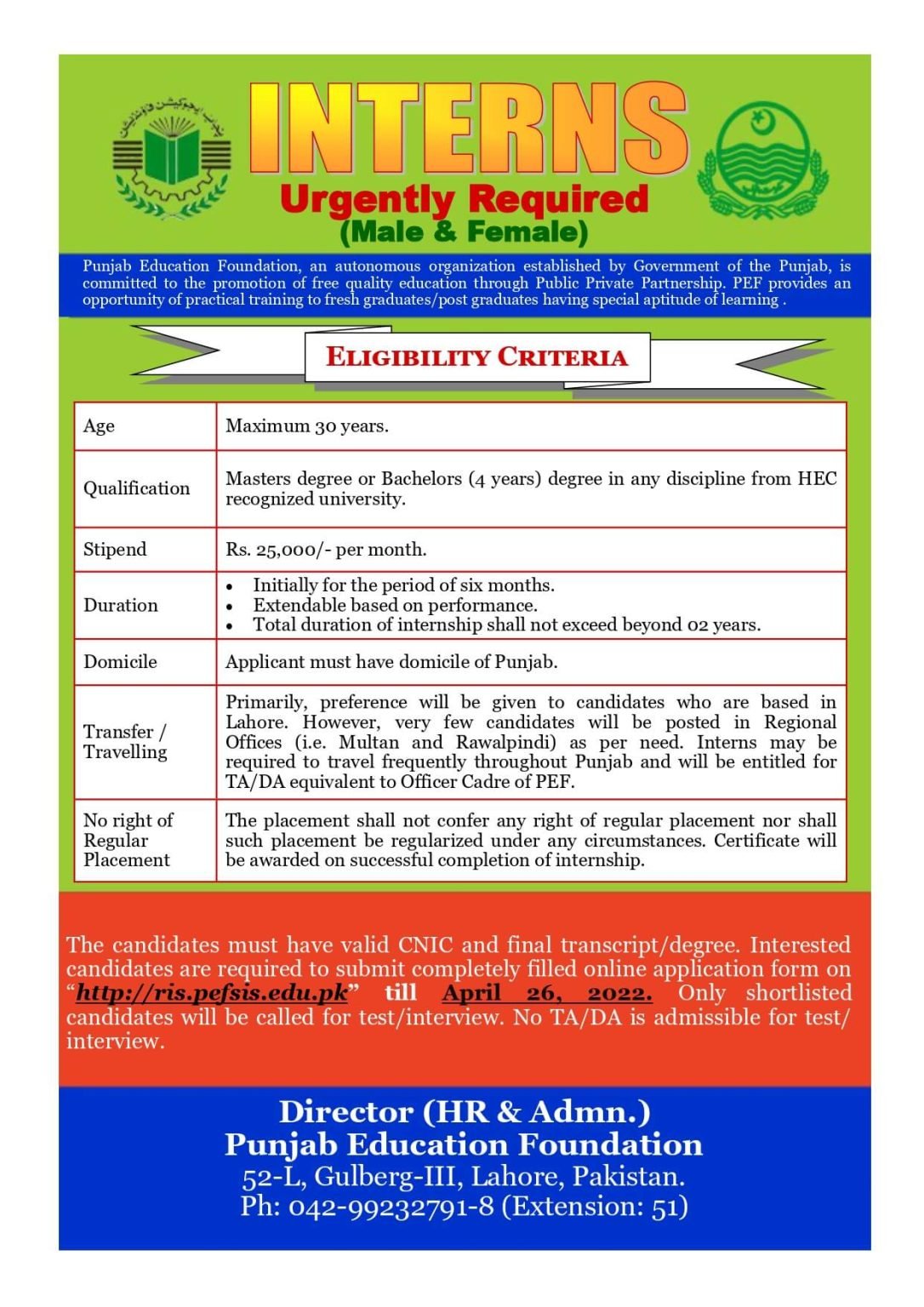 Punjab Education Foundation (PEF) Paid Internship 2022 Apply Now