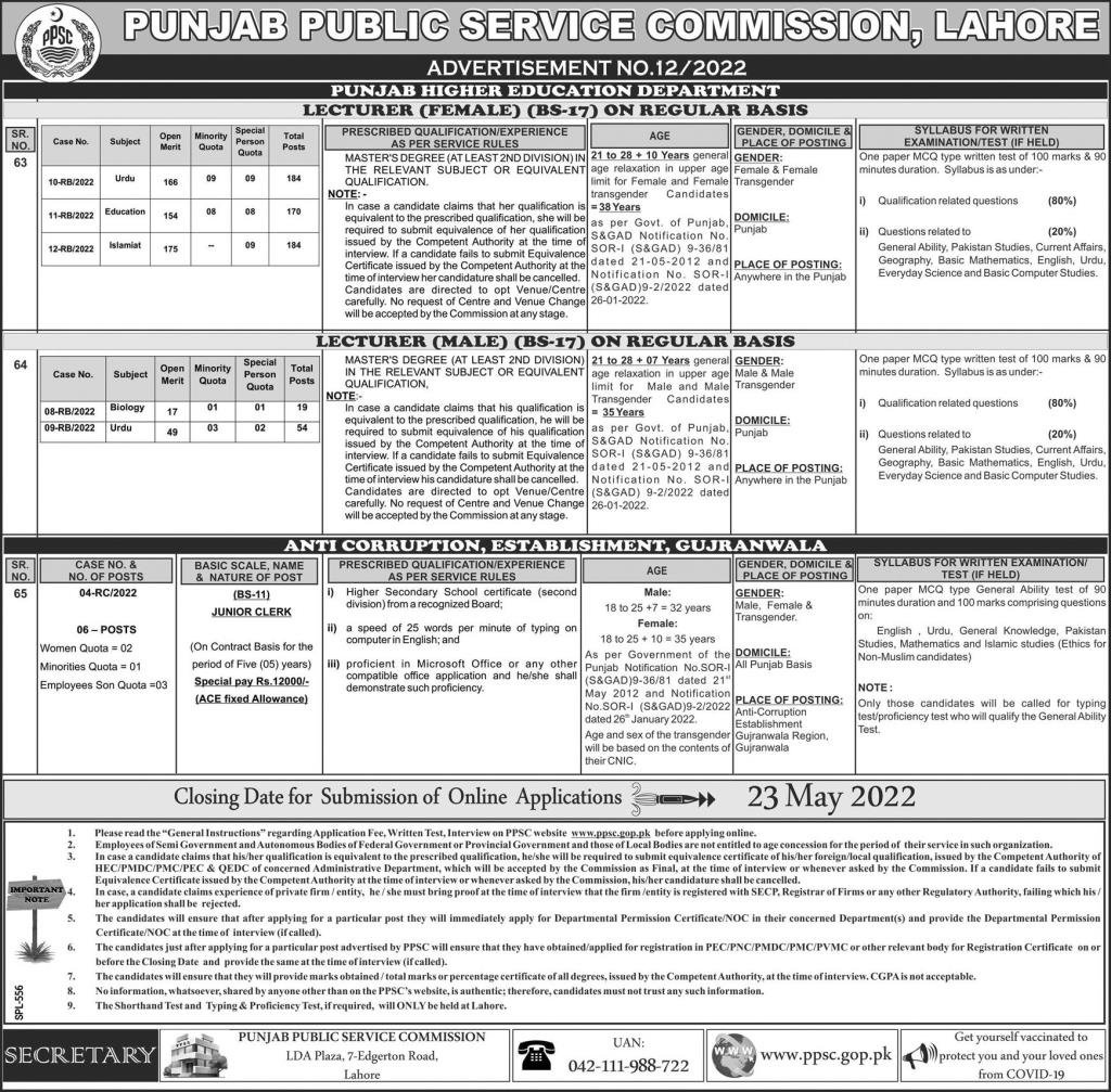 Punjab Latest May Jobs 2022 Through PPSC Advertisement 12/2022 Punjab Lecturer jobs 2022 Through PPSC Advertisement 12/2022