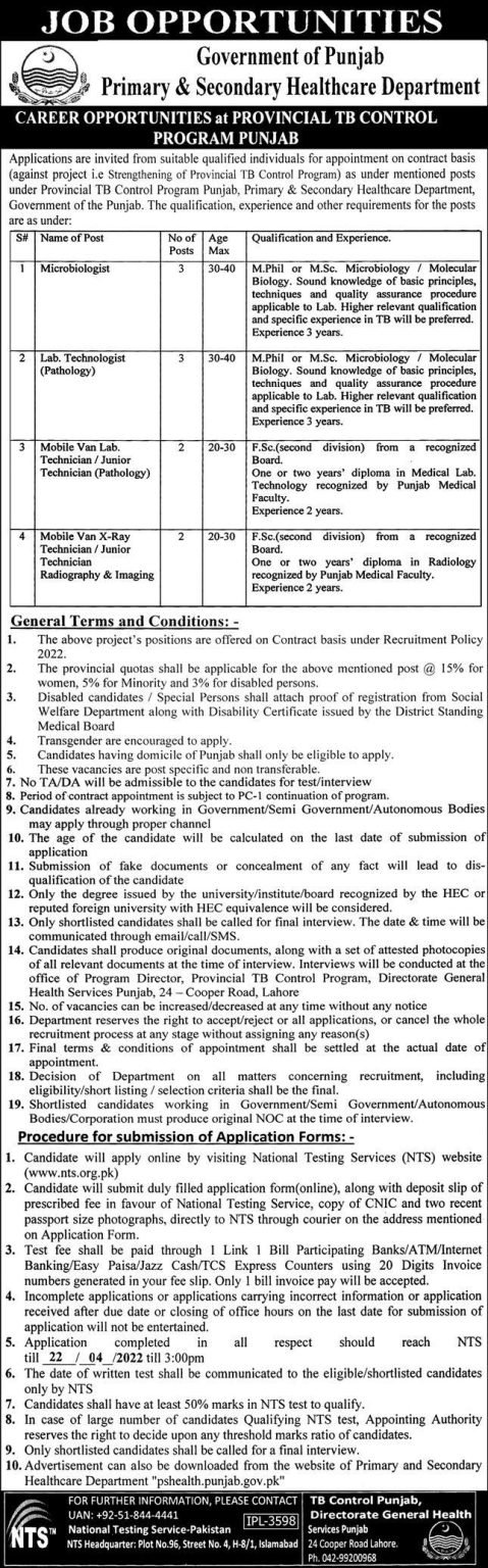 Punjab Primary And Secondary Healthcare Department Lahore April Jobs 2022