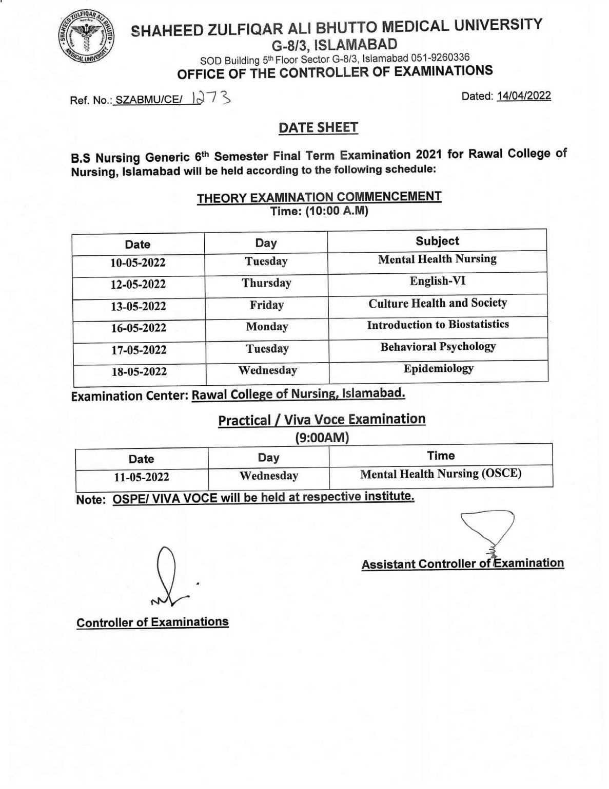 SZABMU BS Nursing (Generic) Annual Examination Date sheet 2022 SZABMU BS Nursing (Generic) Annual Examination Date sheet 2022