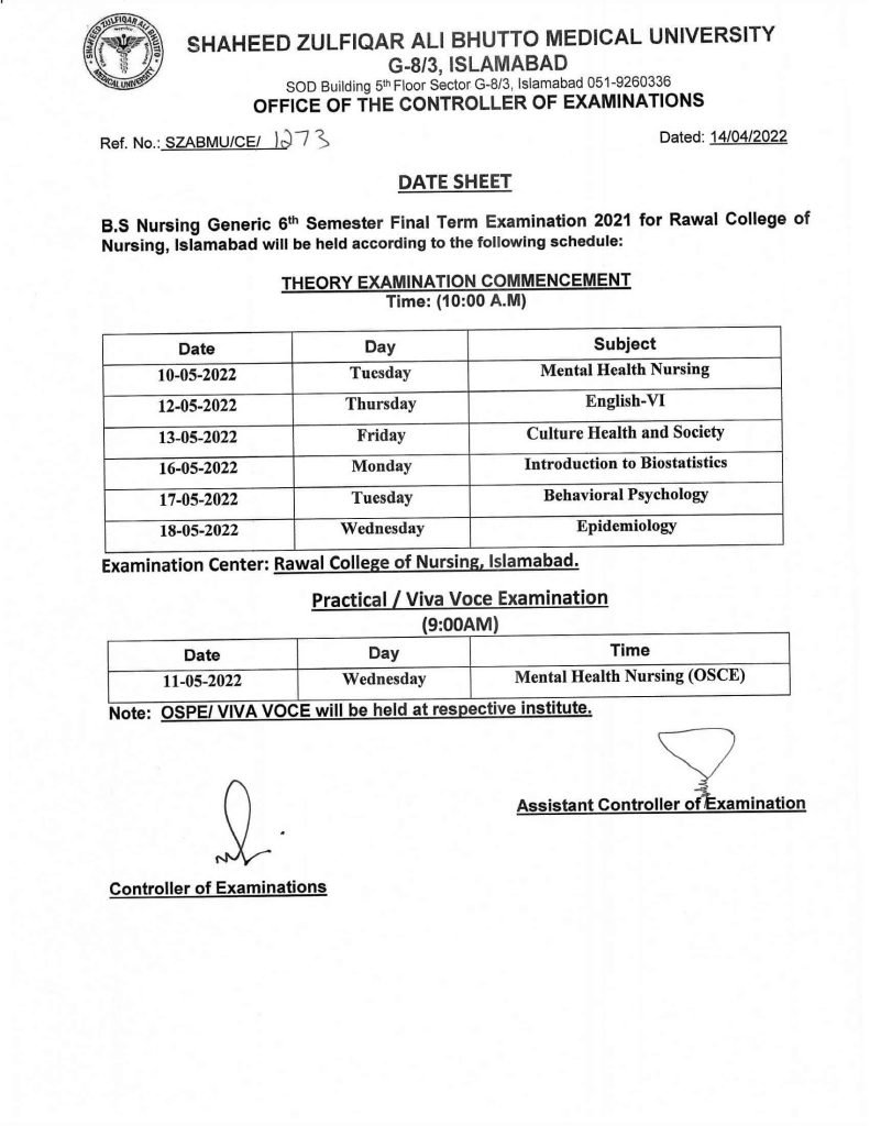 SZABMU BS Nursing (Generic) Annual Examination Date sheet 2022