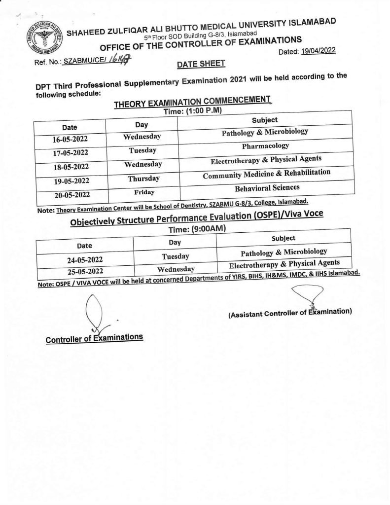 SZABMU DPT 3rd Professional Supplementary Examination Date sheet 2021 SZABMU DPT 3rd Professional Supplementary Examination Date sheet 2021