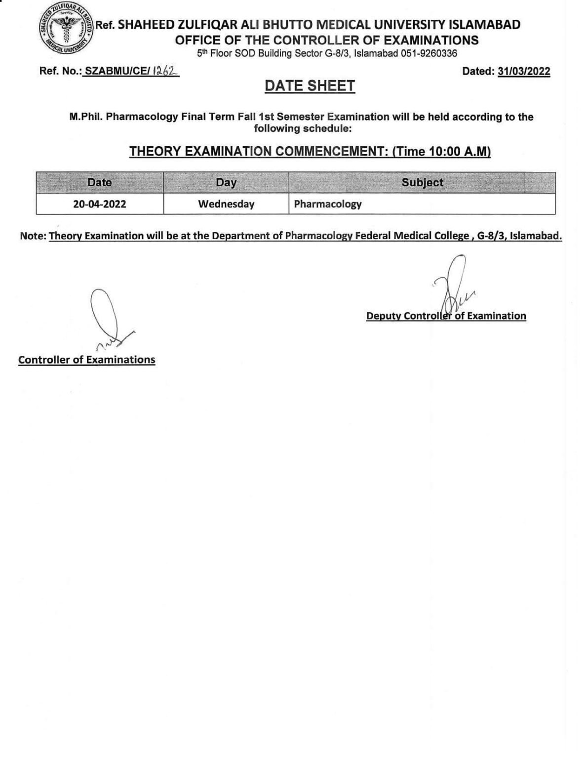 SZABMU M.Phil Pharmacology 1st Semester Date Sheet 2022 SZABMU M.Phil Pharmacology 1st Semester Date Sheet 2022