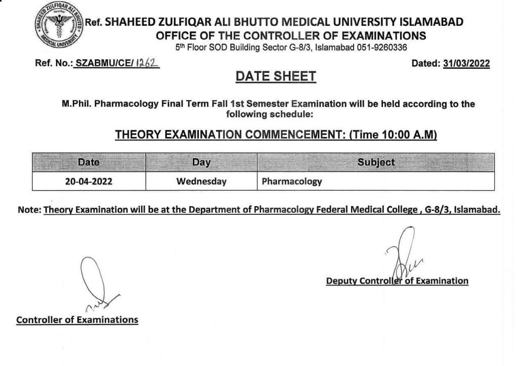 SZABMU M.Phil Pharmacology 1st Semester Date Sheet 2022