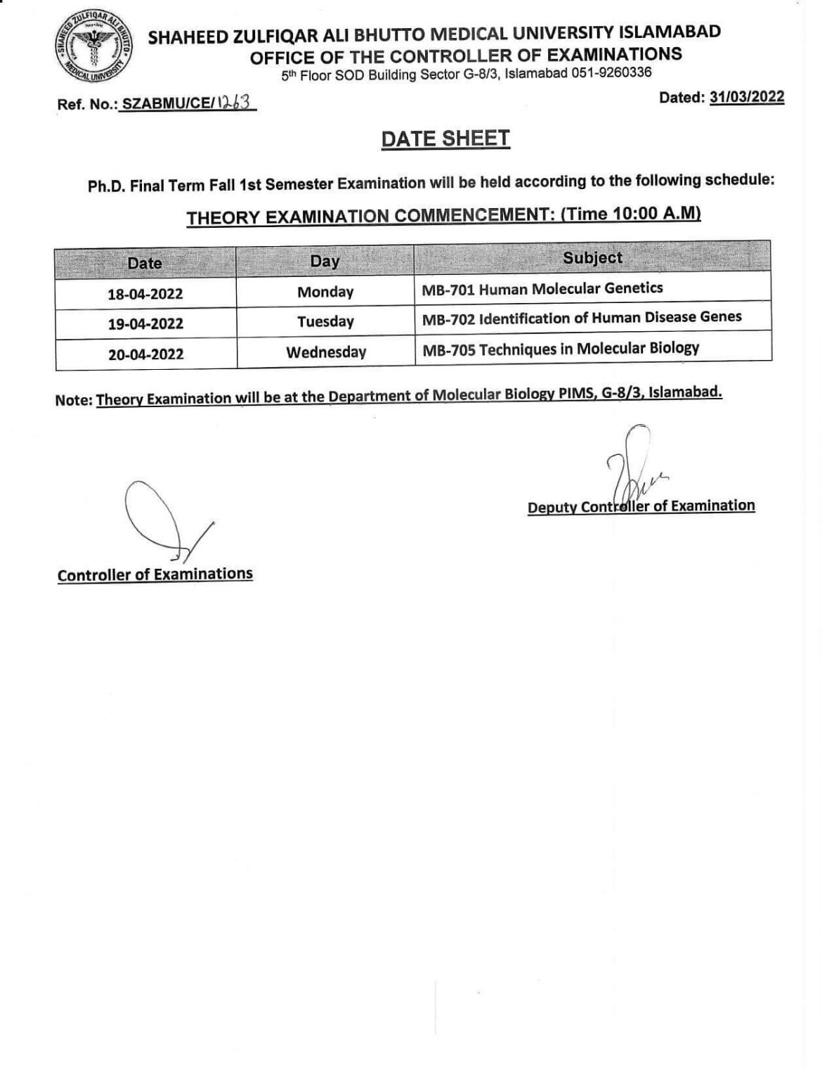 SZABMU Ph.D. Fall 1st Semester Date Sheet 2022 