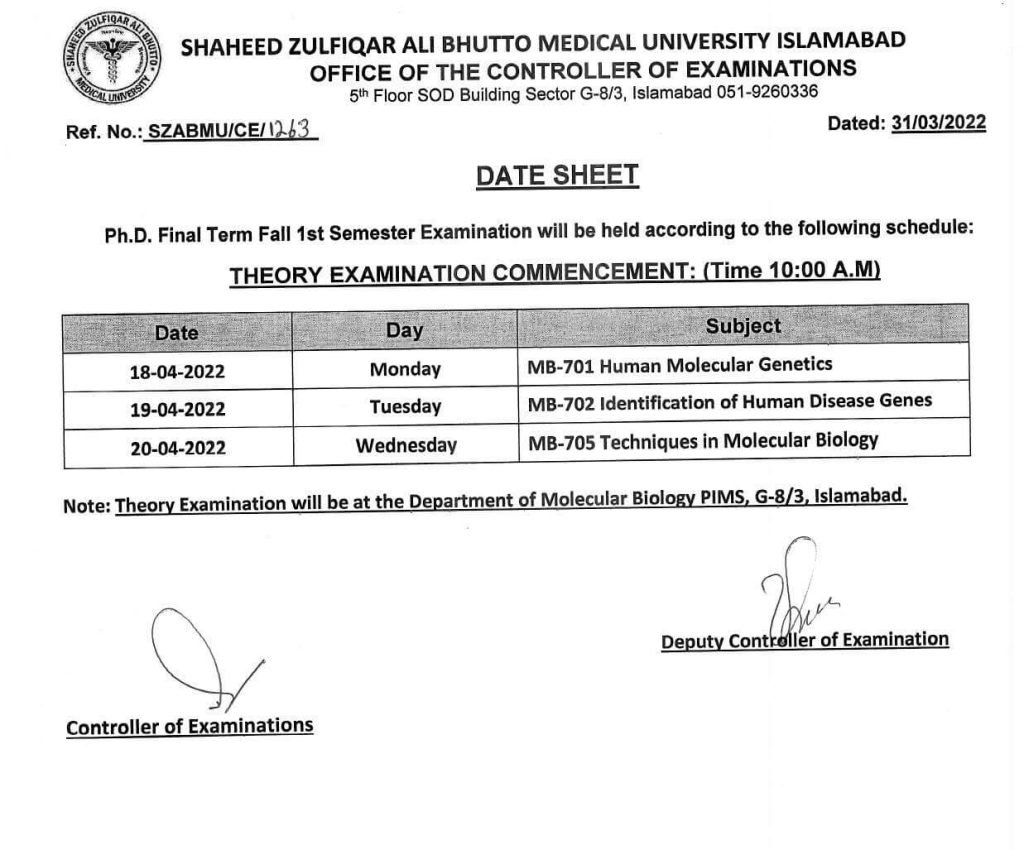 SZABMU Ph.D. Fall 1st Semester Date Sheet 2022 