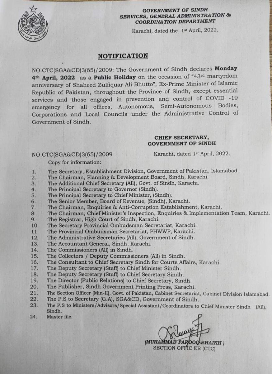Sindh Govt Declare Public Holiday On 4th April 2022