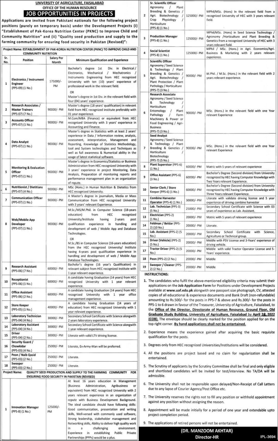 University of Agriculture Faisalabad Latest April Jobs 2022 