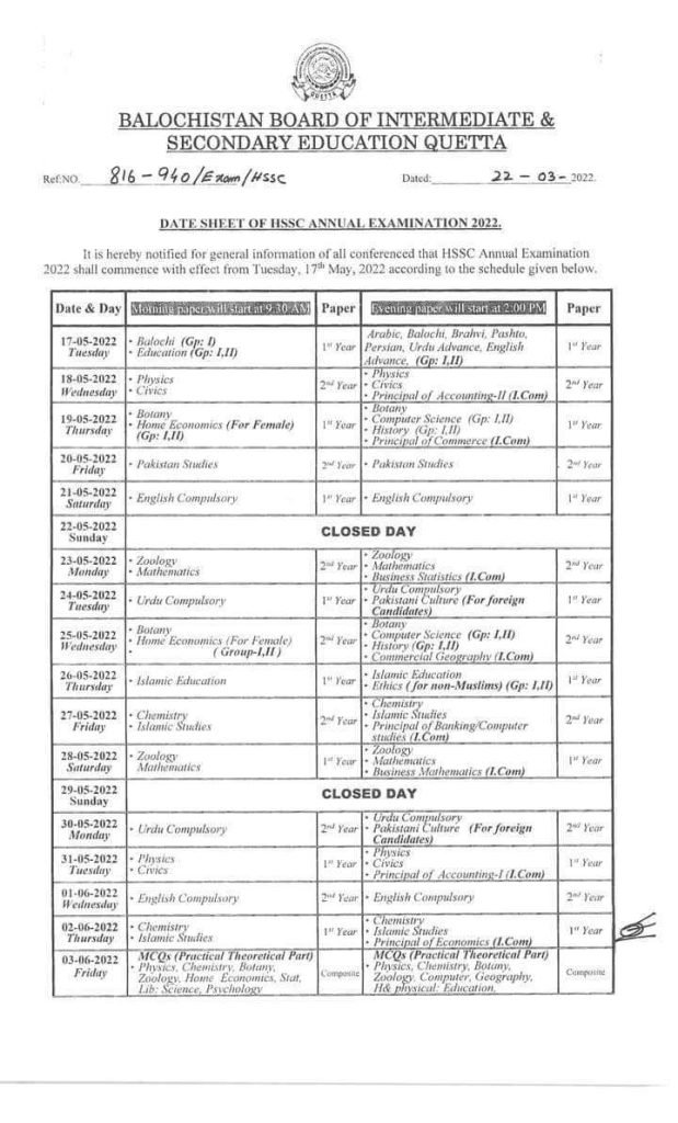 BISE Balochistan Board HSSC(Part I & II) Annual Examination Date sheet 2022
