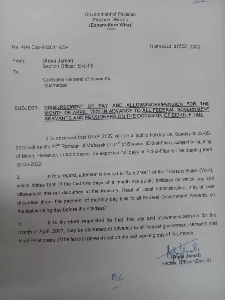Govt Notification Regarding Advanced Pay and Allowances to the Federal Employees Govt Notification Regarding Advanced Pay and Allowances to the Federal Employees
