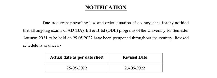 AIOU Postponed Ongoing Exams