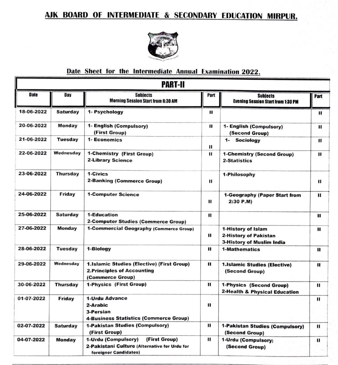 BISE AJK Board HSSC 12th Class Annual Exams Date Sheet 2022 BISE AJK Board HSSC 12th Class Annual Exams Date Sheet 2022