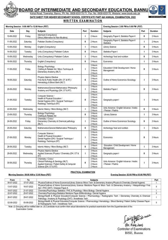 BISE Bannu Board HSSC (Part I and II) Annual Exam Date sheet 2022 BISE Bannu Board HSSC (Part I and II) Annual Exam Date sheet 2022