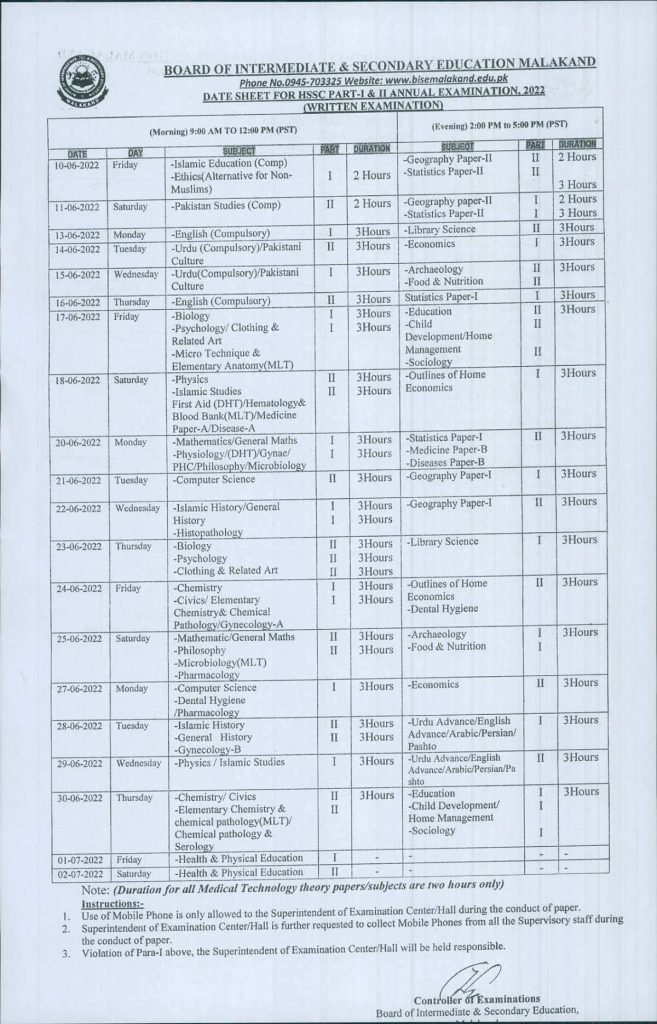 BISE Malakand HSSC 11th & 12th Class Annual Exams Date Sheet 2022 