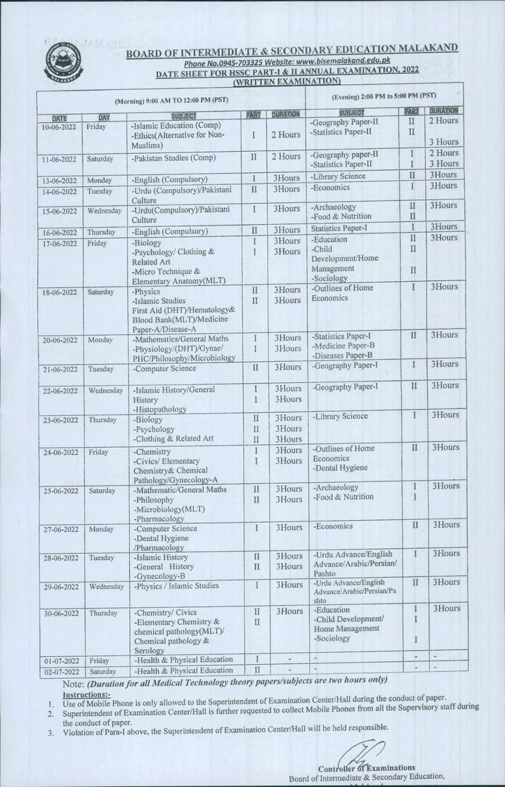 BISE Malakand HSSC 11th & 12th Class Annual Exams Date Sheet 2022 