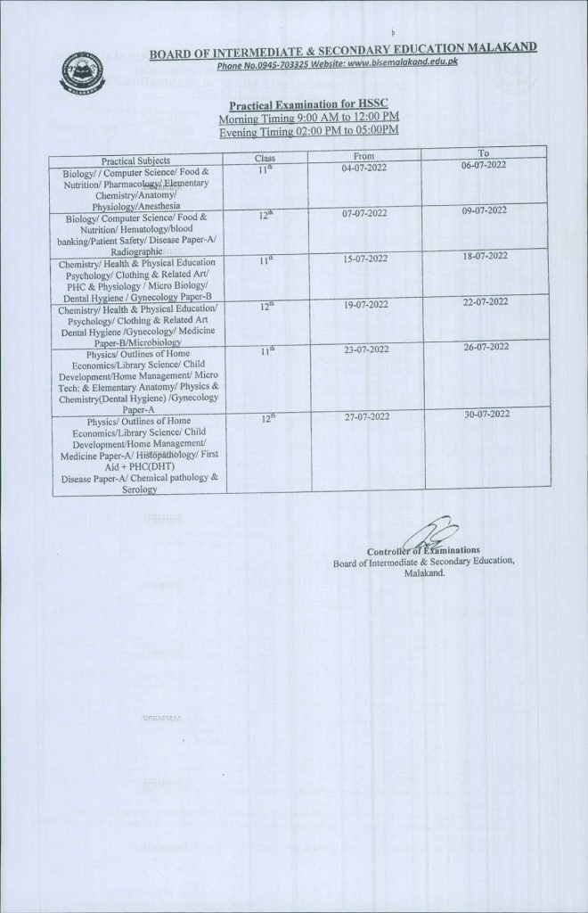 BISE Malakand HSSC 11th & 12th Class Practical Exams Date Sheet 2022 