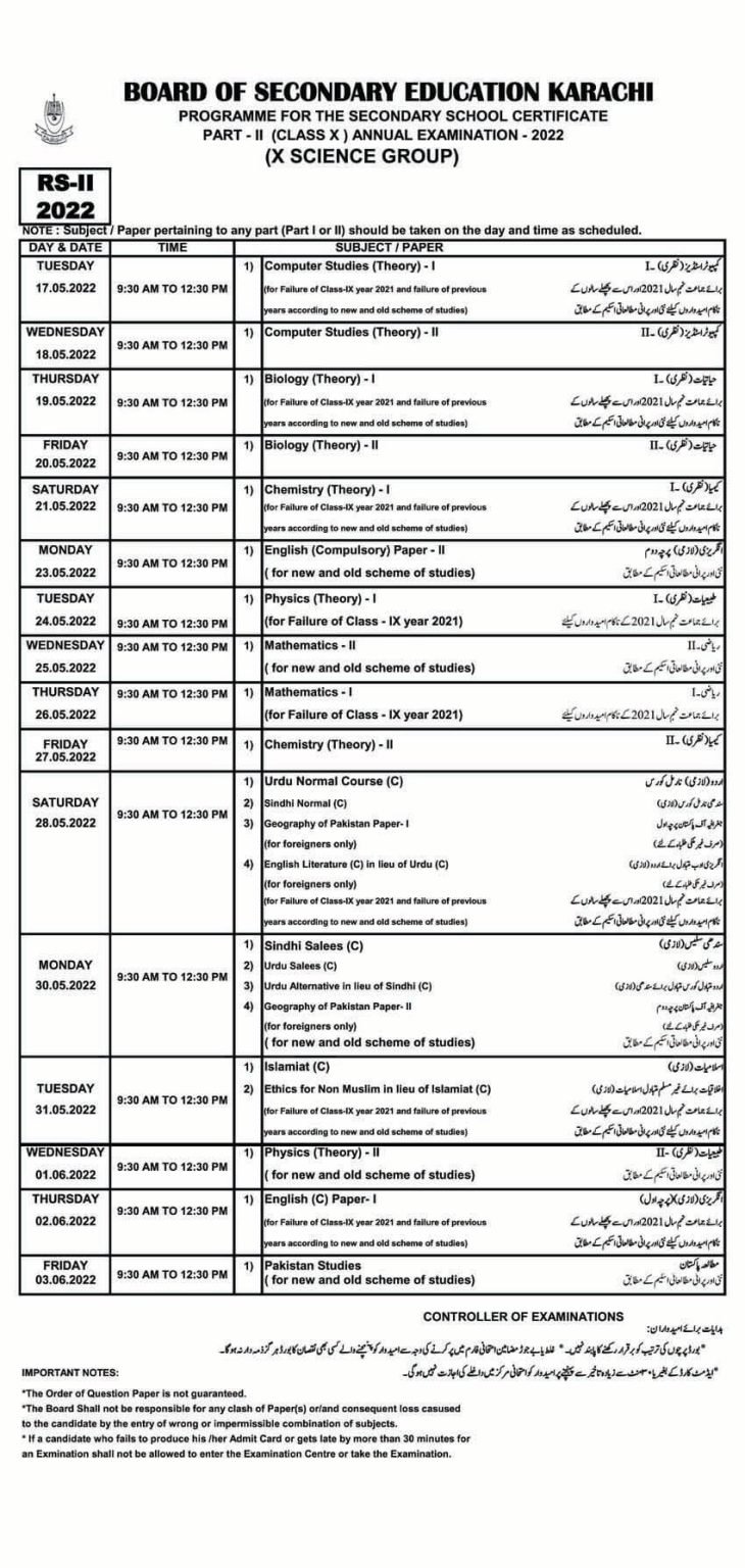 BSEK Karachi Board SSC 10th Class Date Sheet 2022 for Science Group