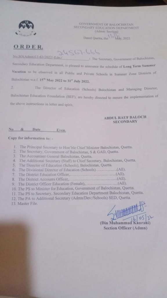 Balochistan Government Announced Summer Vacations 2022