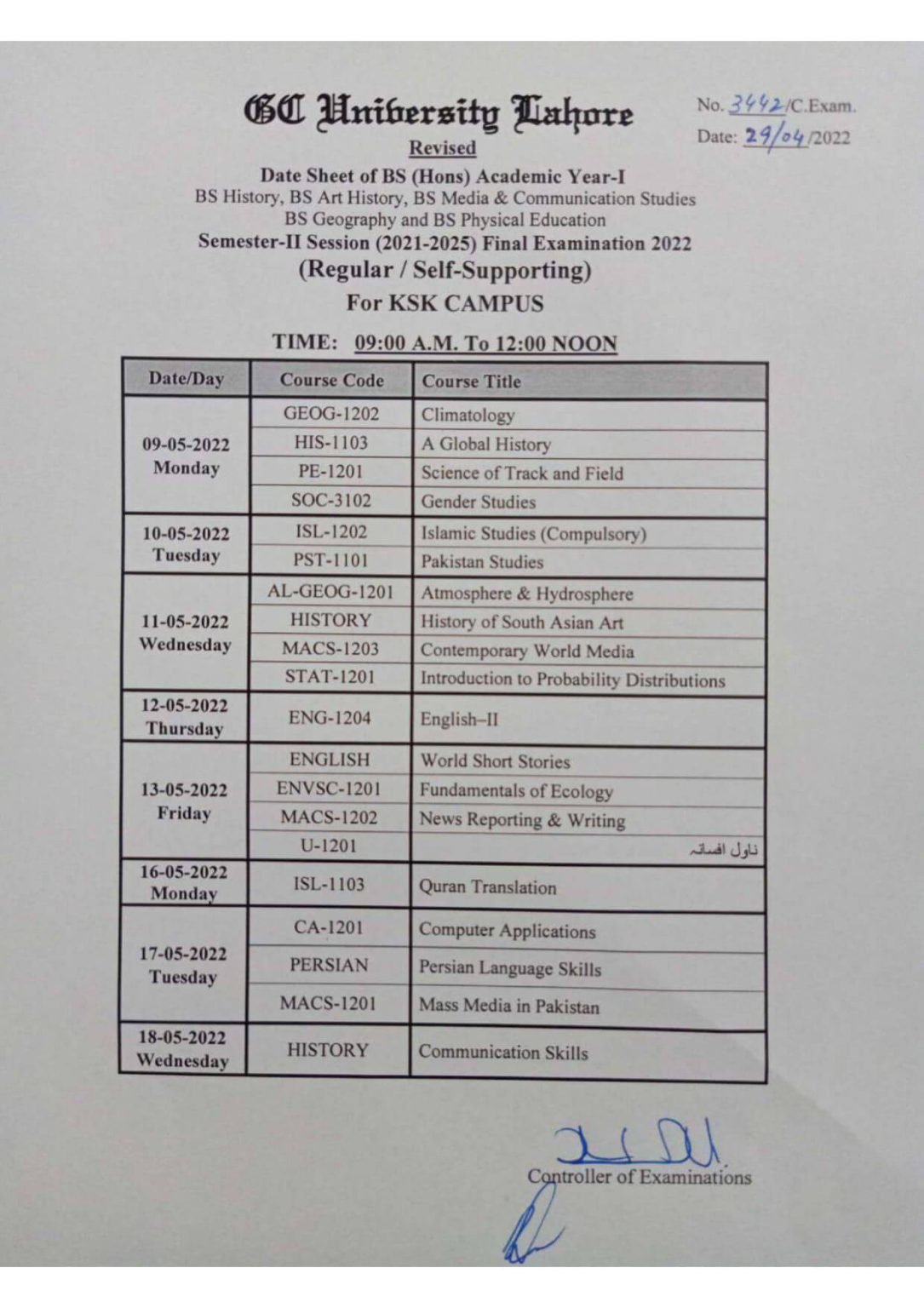 GCU Lahore BS 2nd Semester Final Exams Date Sheet 2022 GCU Lahore BS 2nd Semester Final Exams Date Sheet 2022