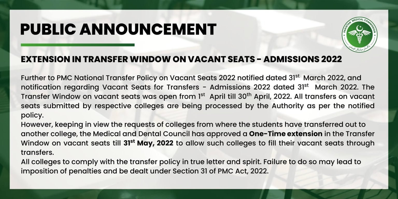 PMC Announced Extension in Transfer Window on Vacant Seats 2022
