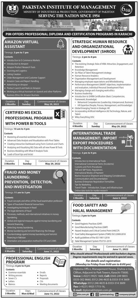 Pakistan Institute of Management Science PIMS Offer Diploma Courses 2022