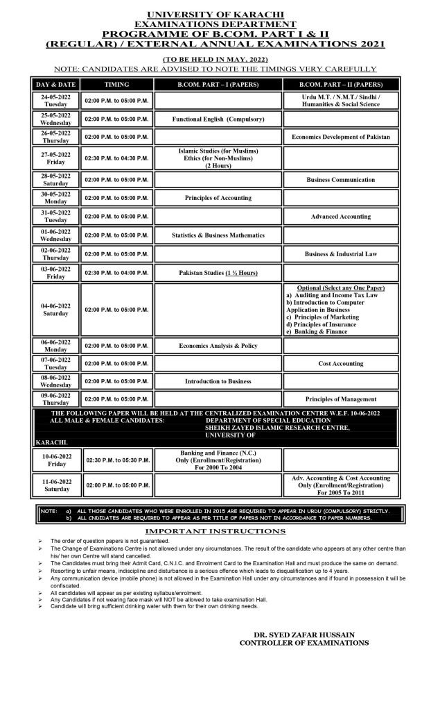 UOK B.Com Part I & II Date Sheet for External Students
