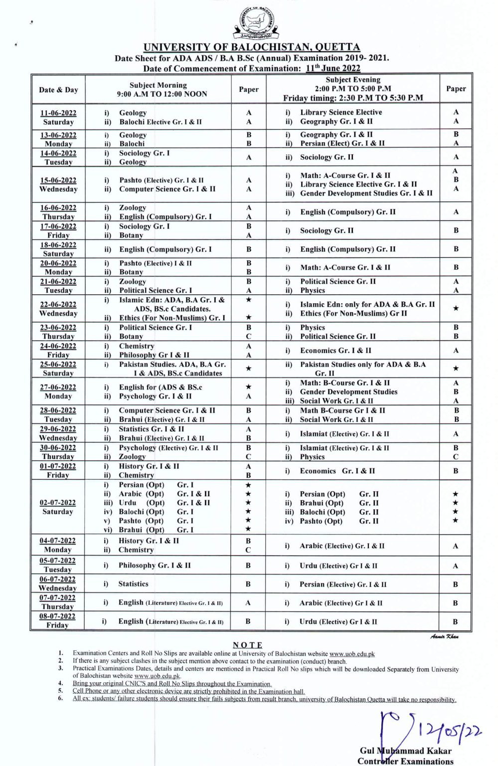 University of Balochistan BA/BSc and AD Final Exams Date Sheet 2022 University of Balochistan BA/BSc and AD Final Exams Date Sheet 2022